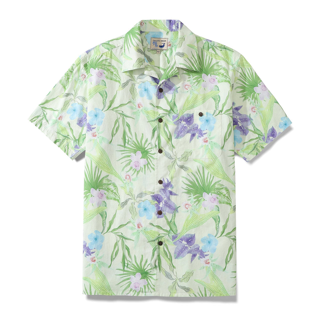 Men's green floral tropical print camp collar Aloha shirt