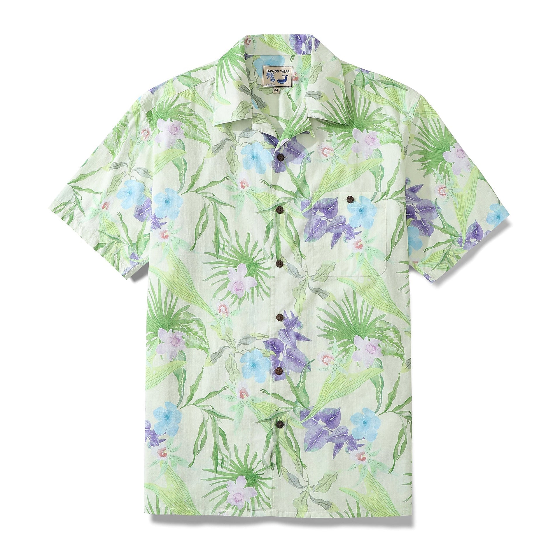 Men's green floral tropical print camp collar Aloha shirt