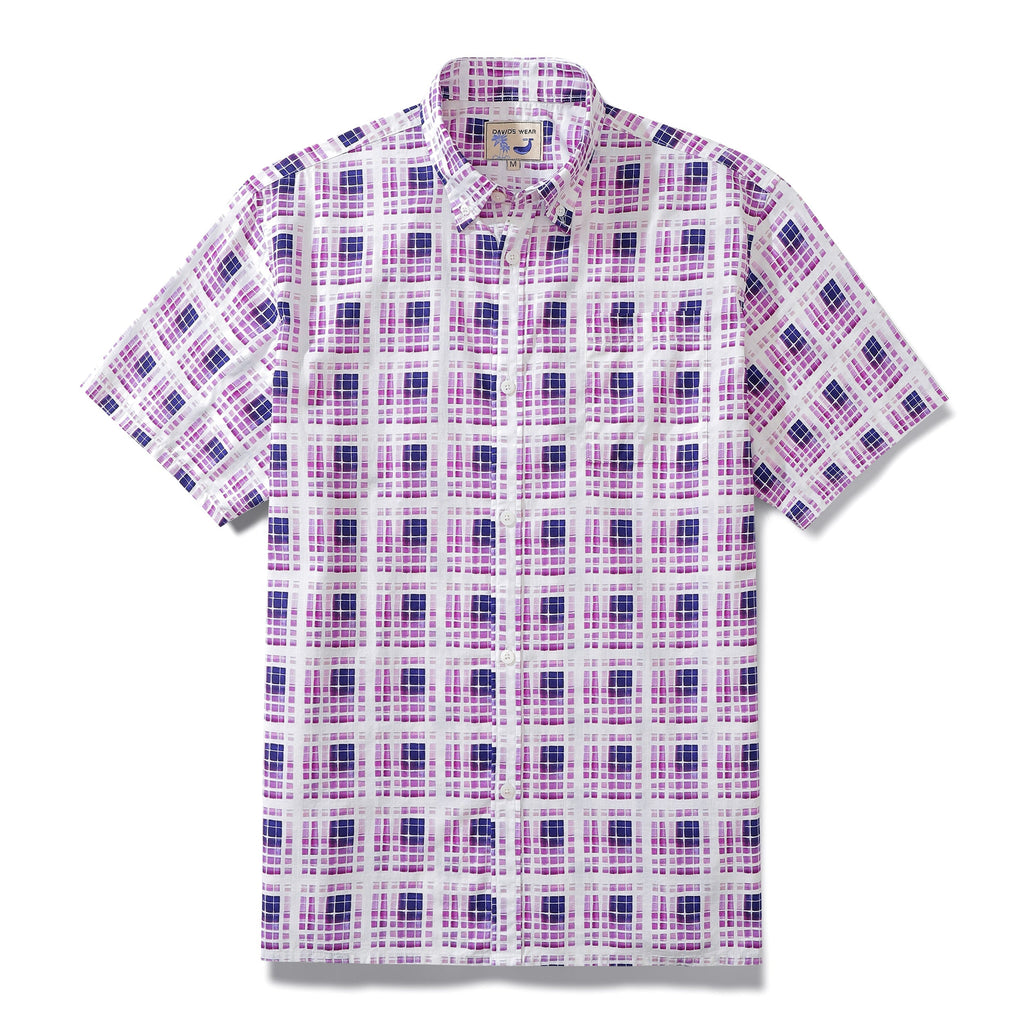 Men's purple Hawaiian shirt with geometric gradient print and button-down collar