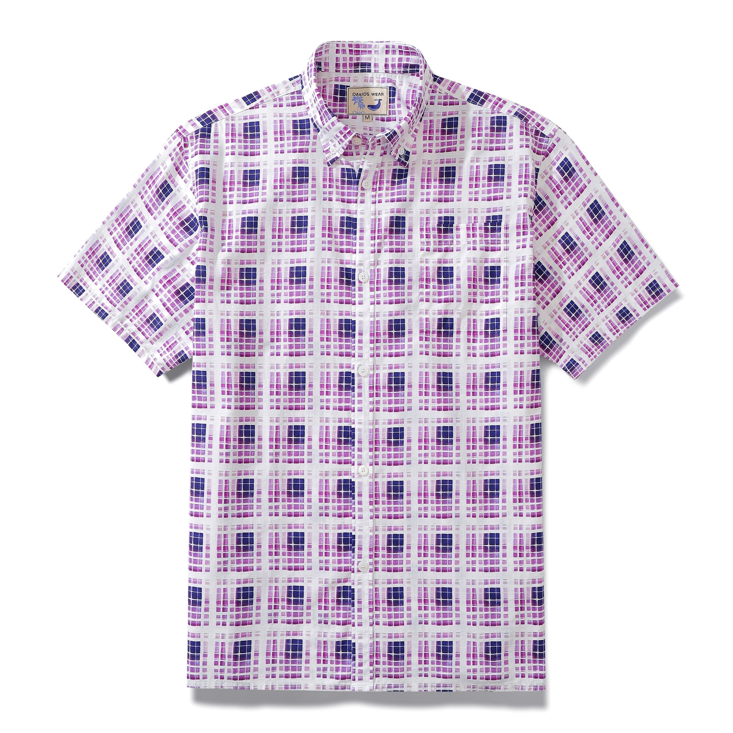 Men's purple Hawaiian shirt with geometric gradient print and button-down collar