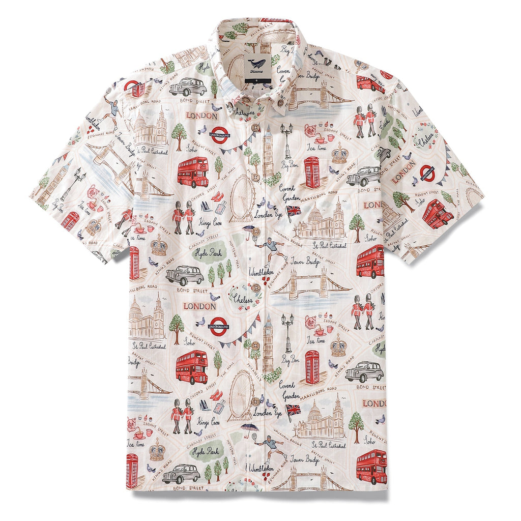 Men's cotton button-down shirt featuring a vibrant print of London landmarks and monuments