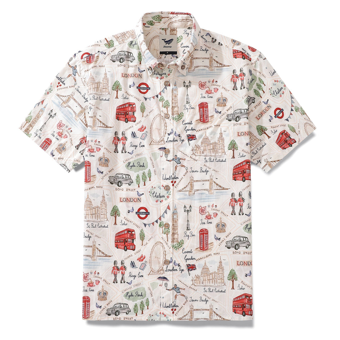 Men's cotton button-down shirt featuring a vibrant print of London landmarks and monuments