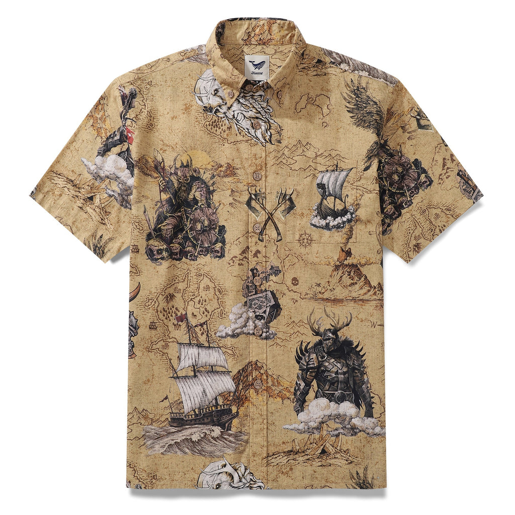 Men's Swashbucklers' Quest cotton short-sleeve Hawaiian shirt with nautical-inspired print.