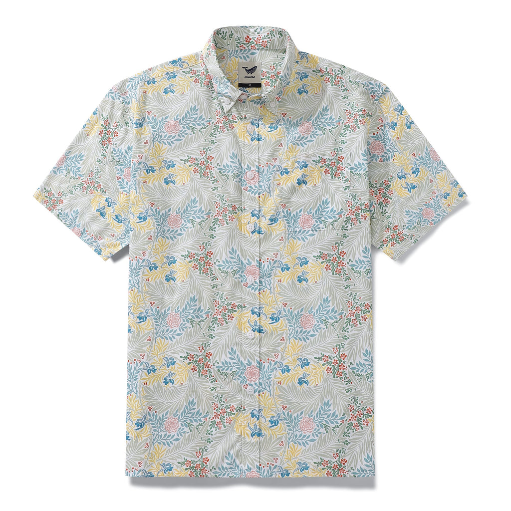 Men's short sleeve cotton Hawaiian shirt with swallow and grass print