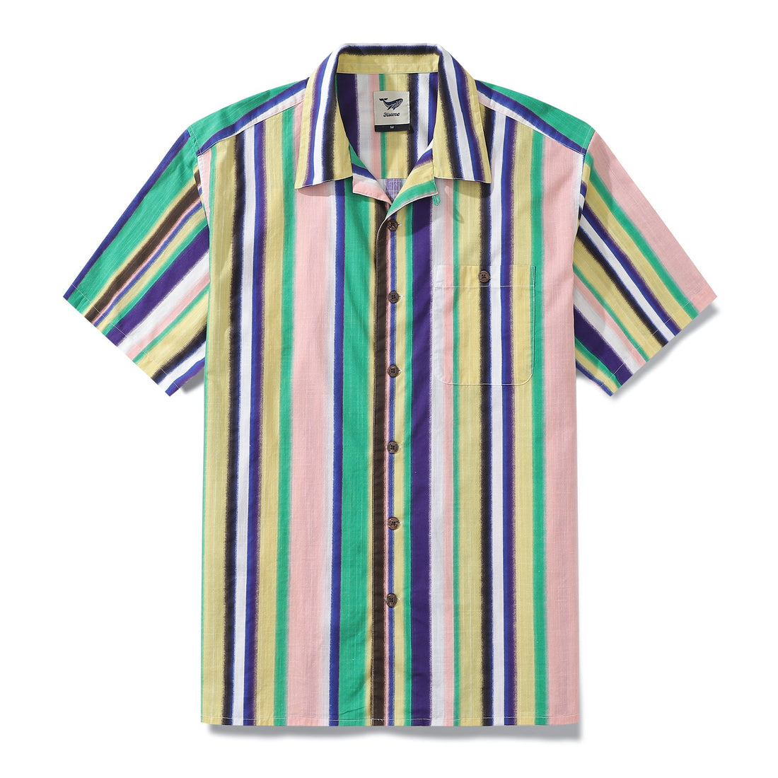 Men's short sleeve shirt featuring colorful rainbow stripes