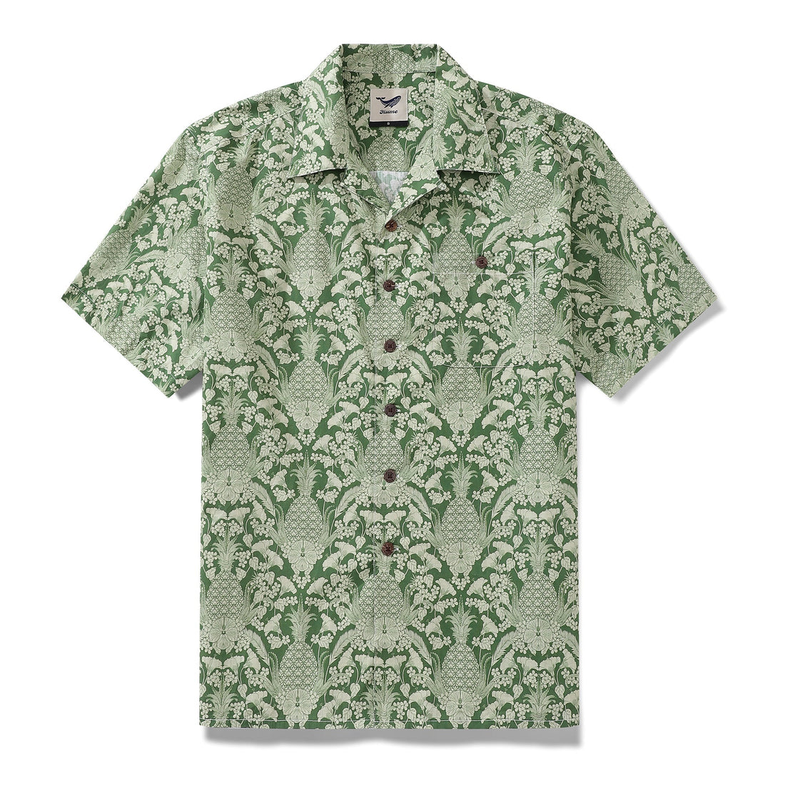 Men's tropical Hawaiian shirt featuring pineapple and hibiscus print by Jen Delaney