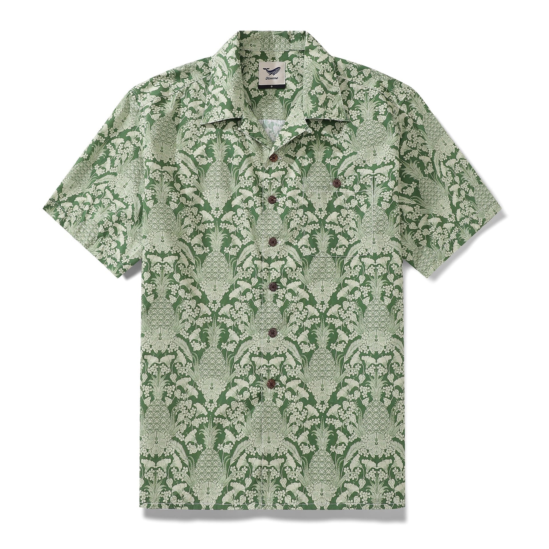 Men's tropical Hawaiian shirt featuring pineapple and hibiscus print by Jen Delaney