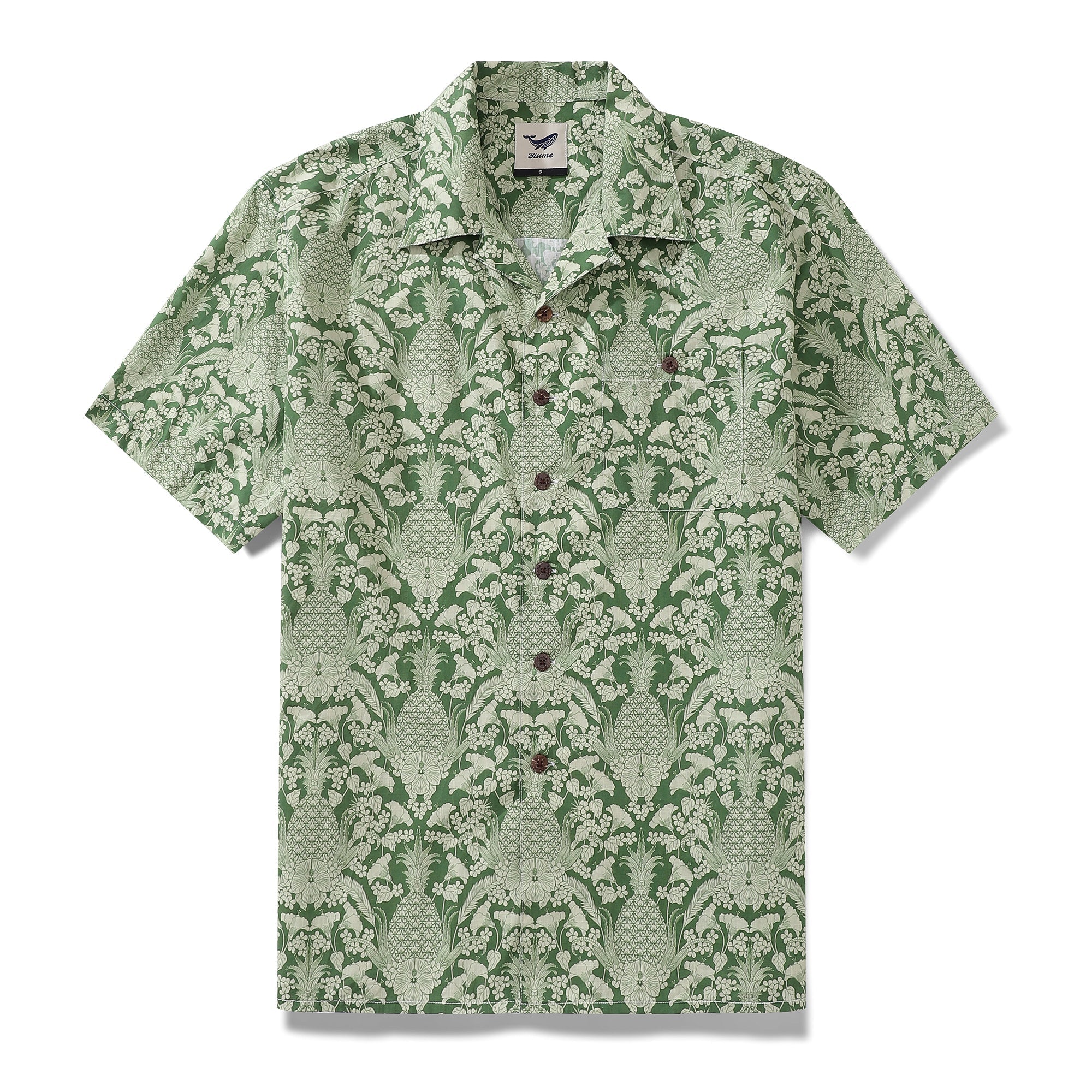 Men's tropical Hawaiian shirt featuring pineapple and hibiscus print by Jen Delaney