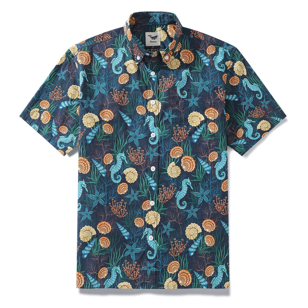 Men's Wonders of the Sea print Hawaiian shirt featuring seashells and starfish, made from soft cotton.
