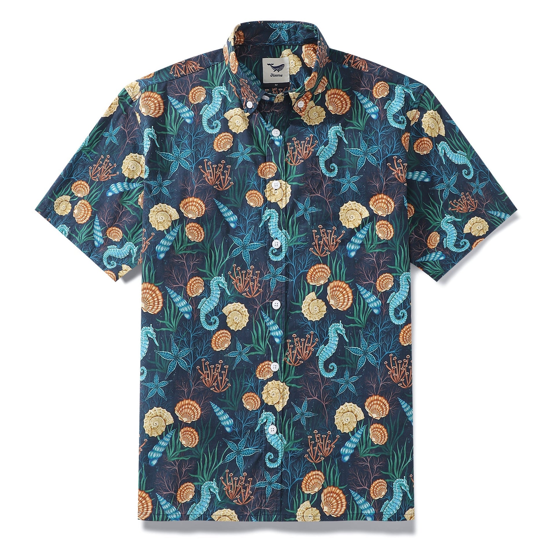 Men's Wonders of the Sea print Hawaiian shirt featuring seashells and starfish, made from soft cotton.