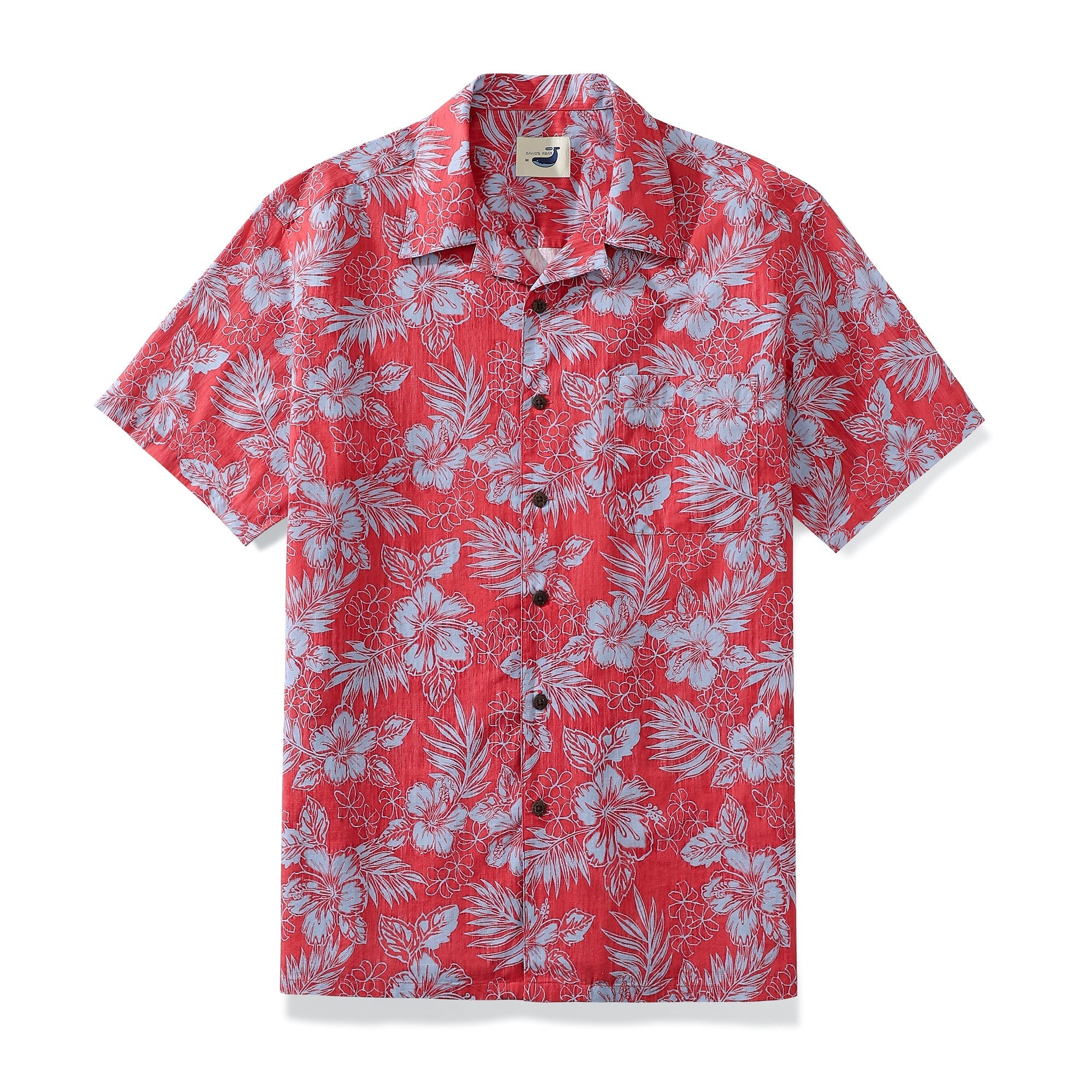 Men's red and light-blue tropical hibiscus floral camp shirt with coconut button detail