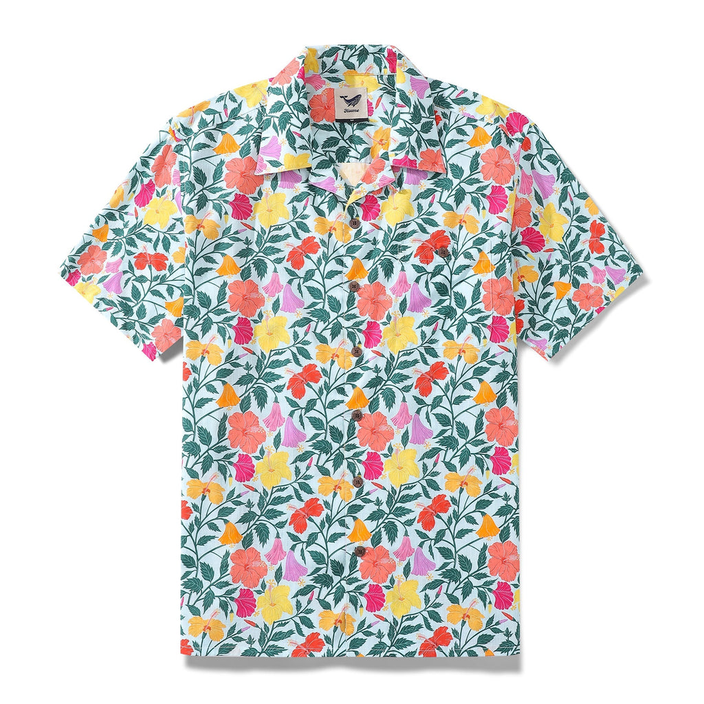 Men's 1940s vintage Hawaiian shirt featuring a Rainbow Petals floral print and a camp collar.