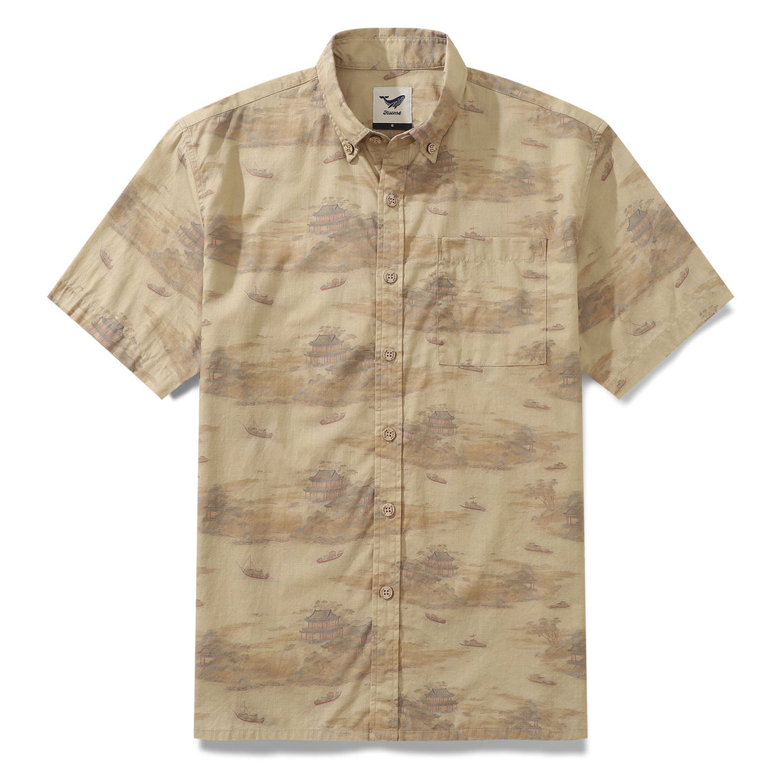 Vintage style Hawaiian shirt with Chinese architecture and river scene print in short sleeve cotton
