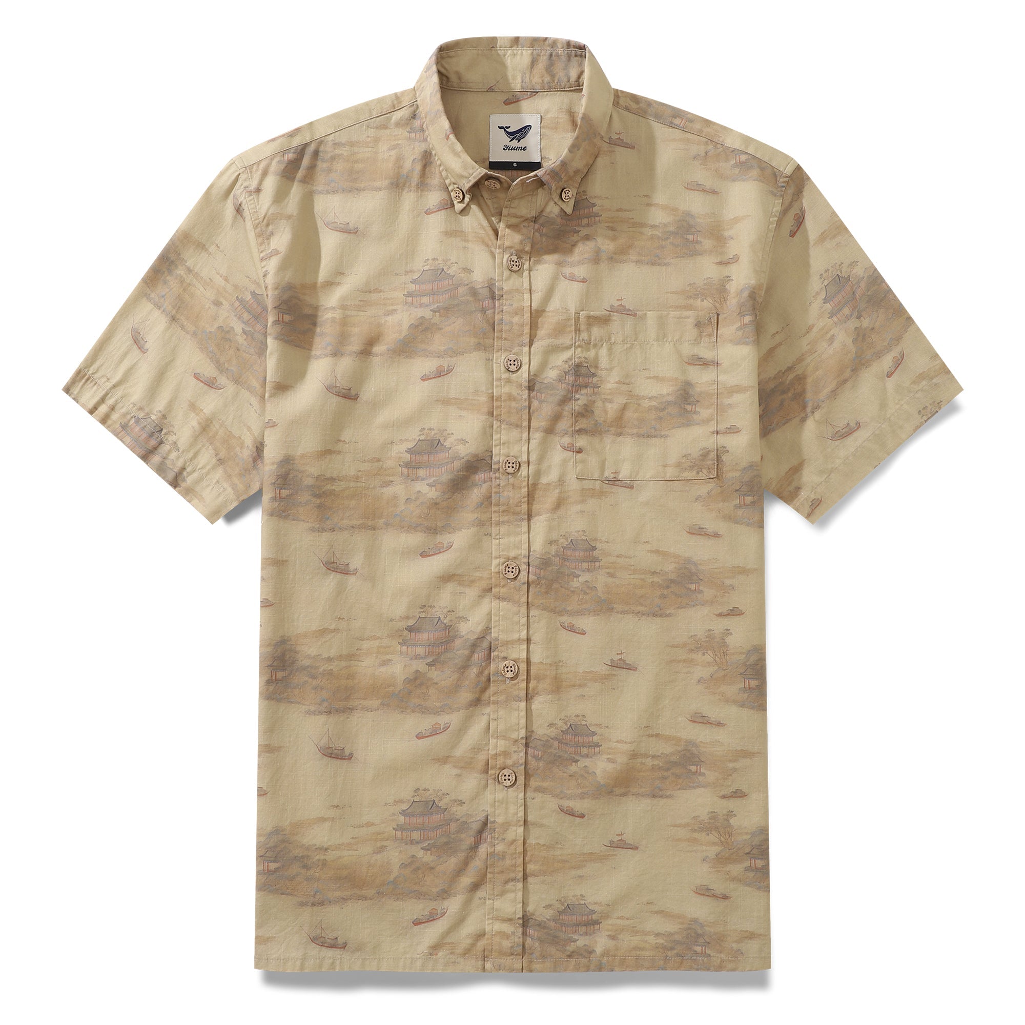 Vintage style Hawaiian shirt with Chinese architecture and river scene print in short sleeve cotton