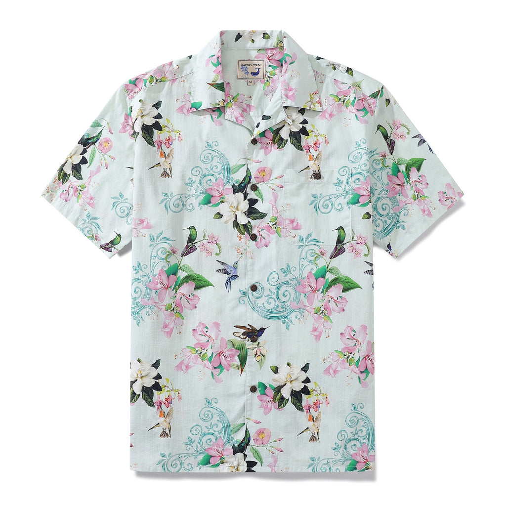 Men's short sleeve Hawaiian shirt with a hummingbird floral print pattern.