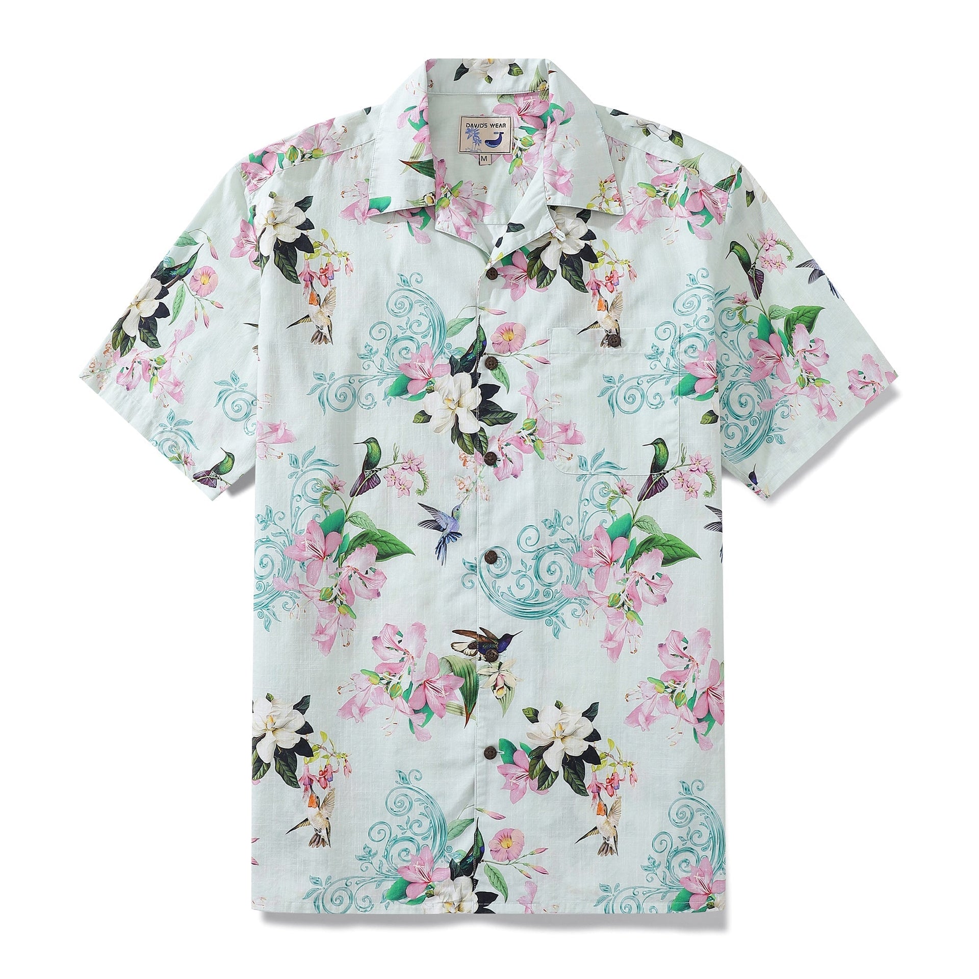 Men's short sleeve Hawaiian shirt with a hummingbird floral print pattern.