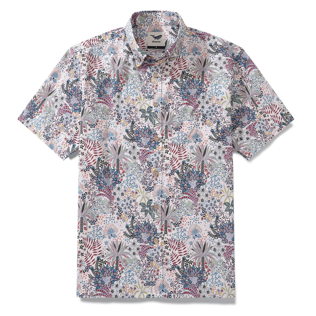Men's white, blue, and pink Hawaiian shirt featuring a vibrant jungle floral print.