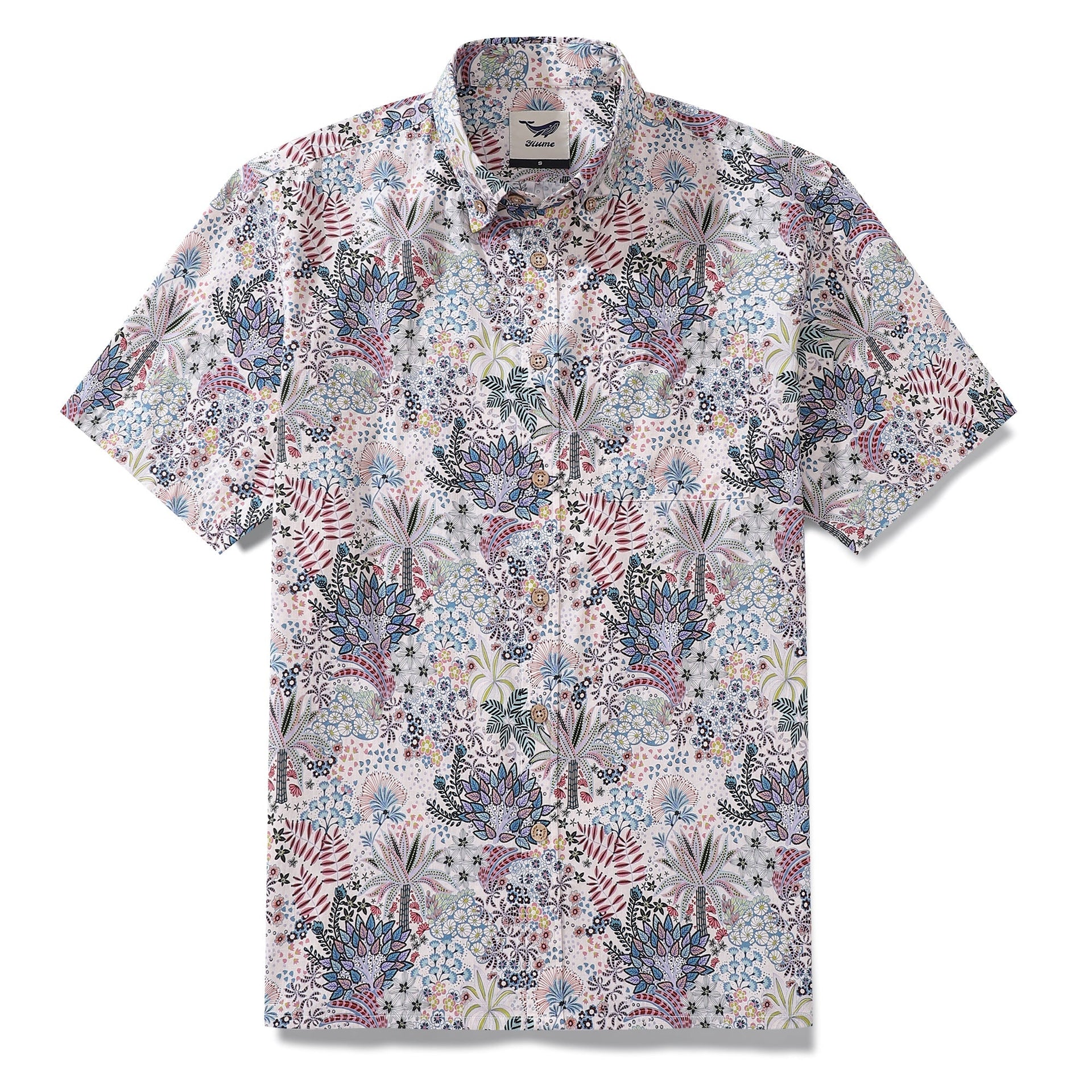 Men's white, blue, and pink Hawaiian shirt featuring a vibrant jungle floral print.