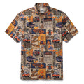Men's racing-themed Hawaiian shirt featuring flaming race cars and tire treads on a cotton button-down.
