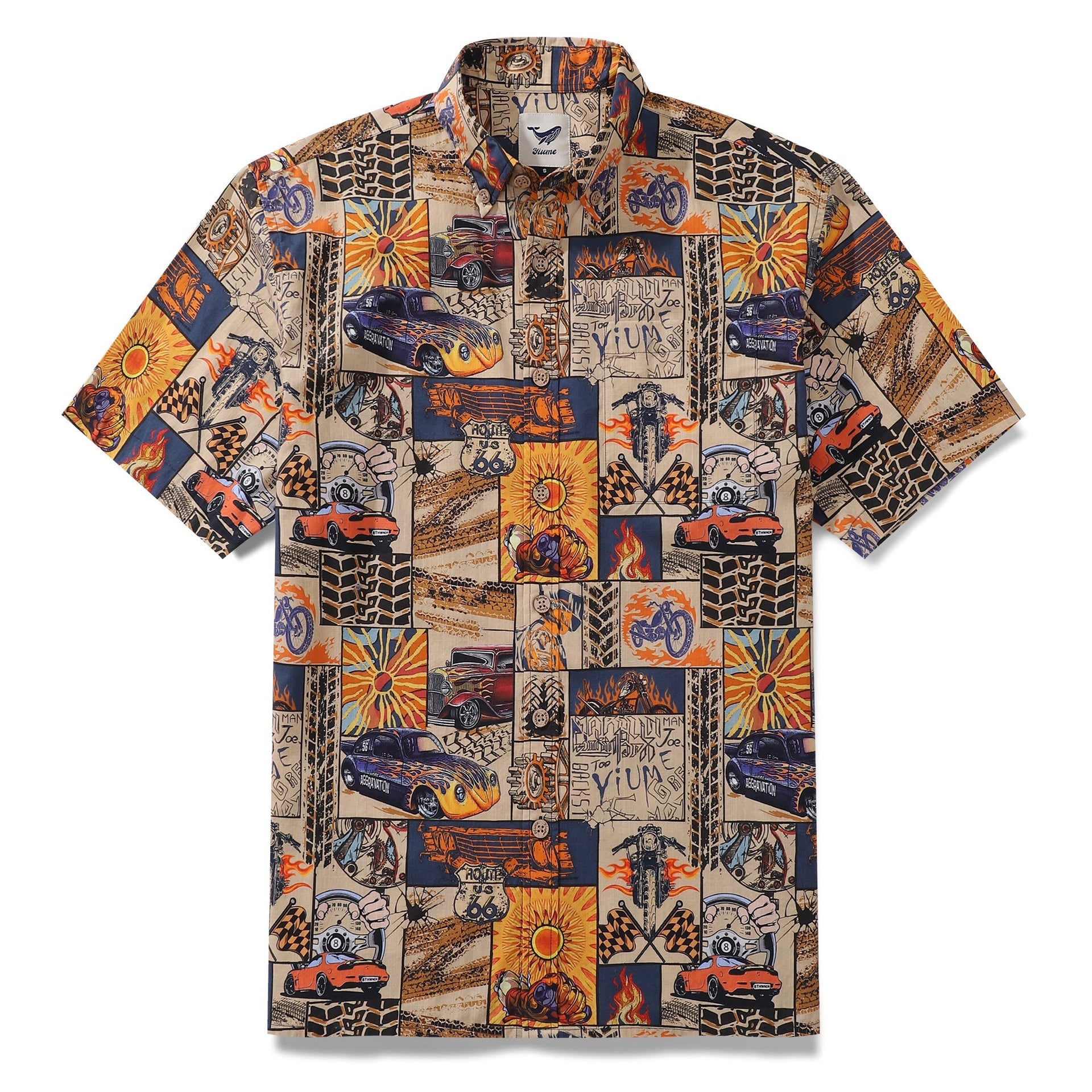 Men's racing-themed Hawaiian shirt featuring flaming race cars and tire treads on a cotton button-down.