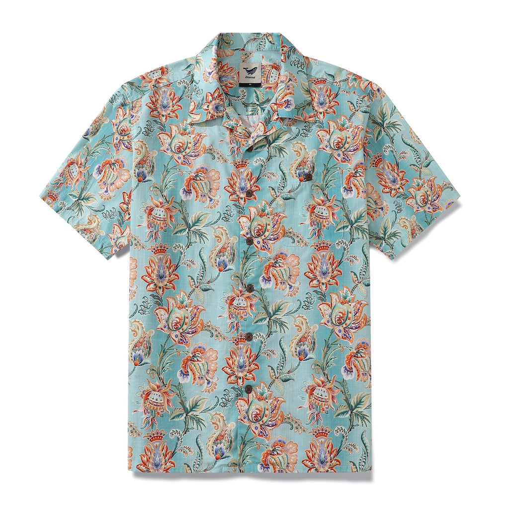 Men's blue and orange floral Tree of Life print camp collar shirt.