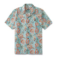 Men's blue and orange floral Tree of Life print camp collar shirt.