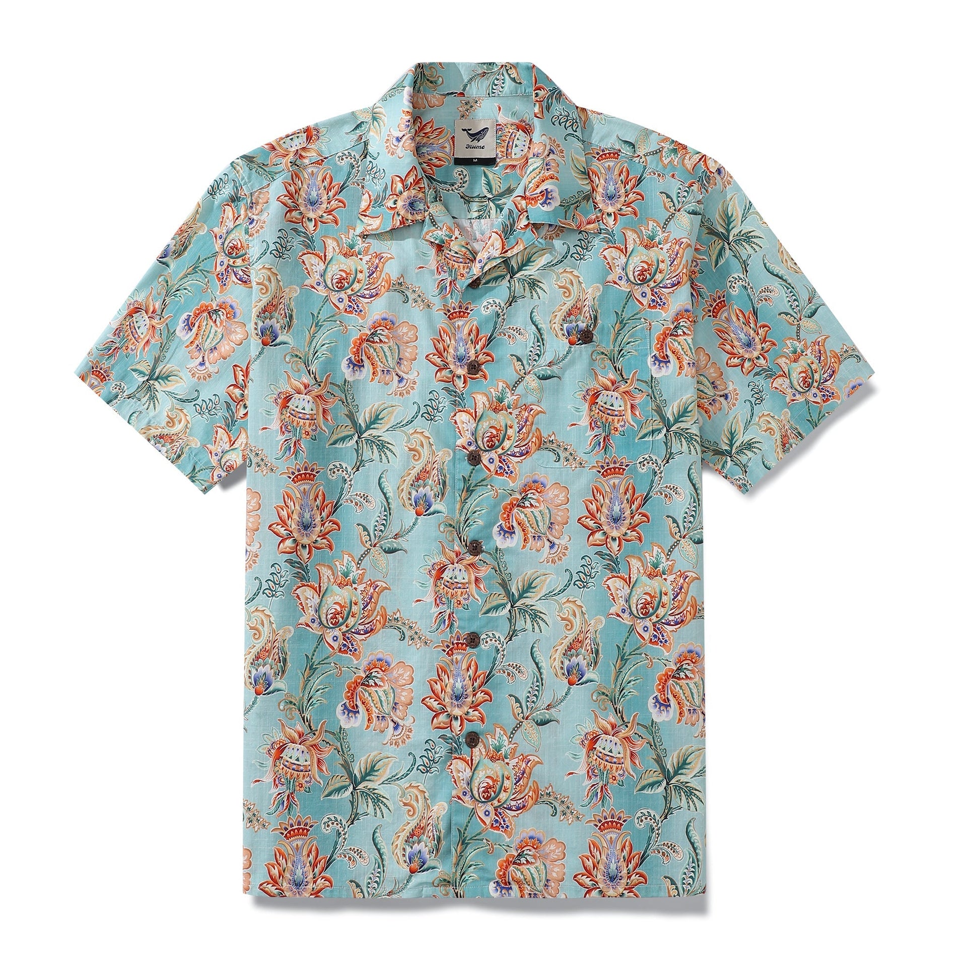 Men's blue and orange floral Tree of Life print camp collar shirt.