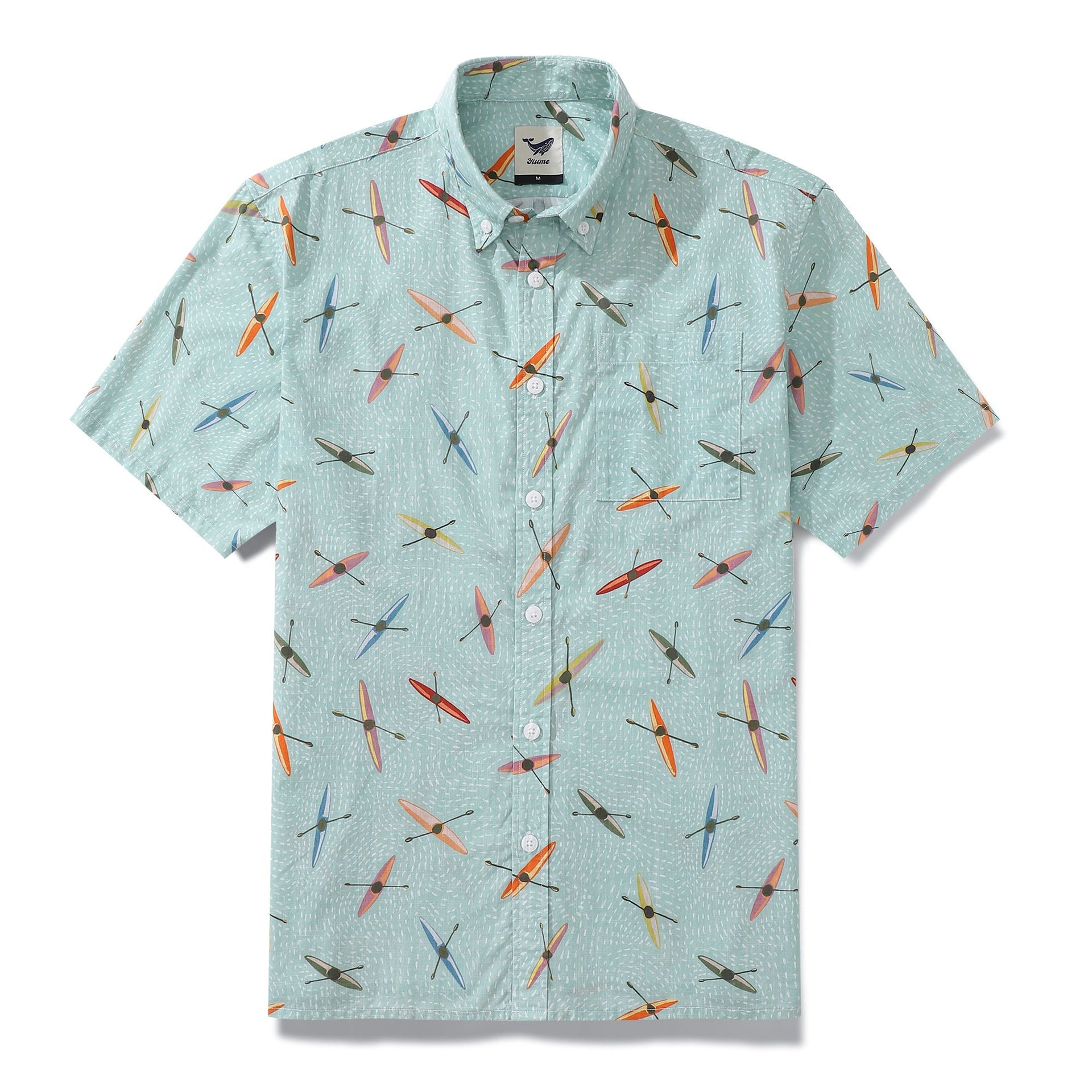 Men's light blue Hawaiian shirt with sea kayak print design