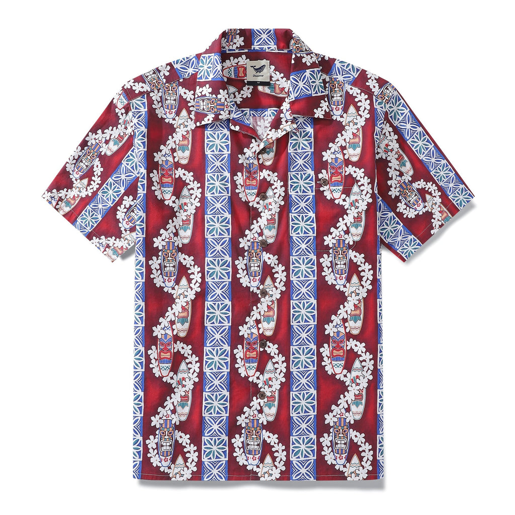 Men wearing a retro red, blue, and white surfboard and lei print Hawaiian camp collar shirt.