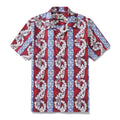 Men wearing a retro red, blue, and white surfboard and lei print Hawaiian camp collar shirt.