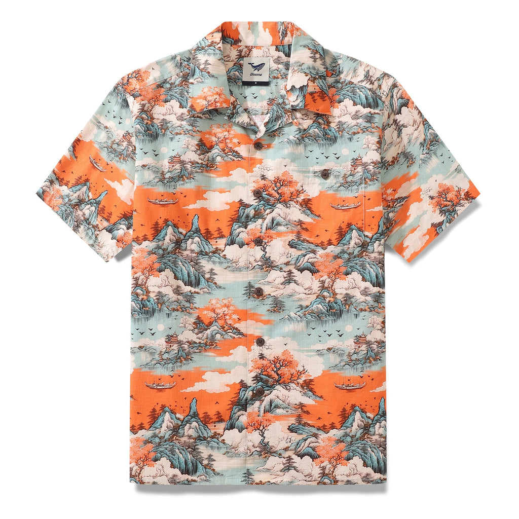 Men's 1950s vintage Hawaiian shirt with nature landscape print in red, teal, and cream.