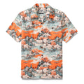 Men's 1950s vintage Hawaiian shirt with nature landscape print in red, teal, and cream.