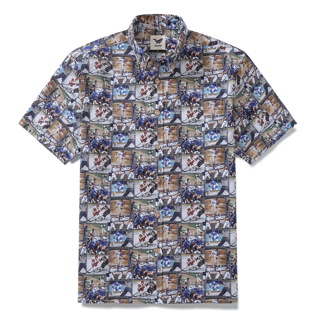 Multi-colored men's button-down shirt with sports-themed print