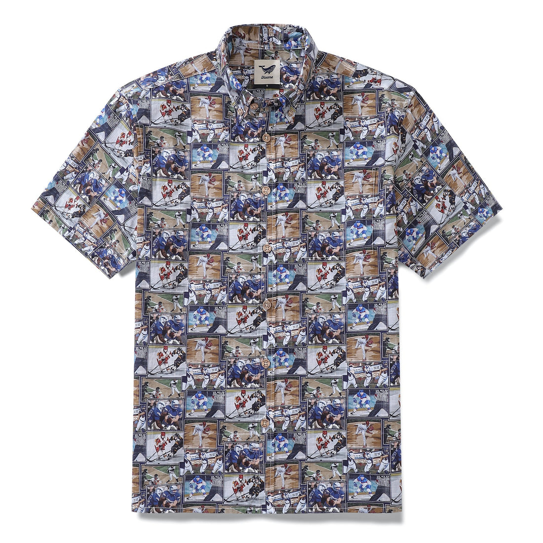 Multi-colored men's button-down shirt with sports-themed print