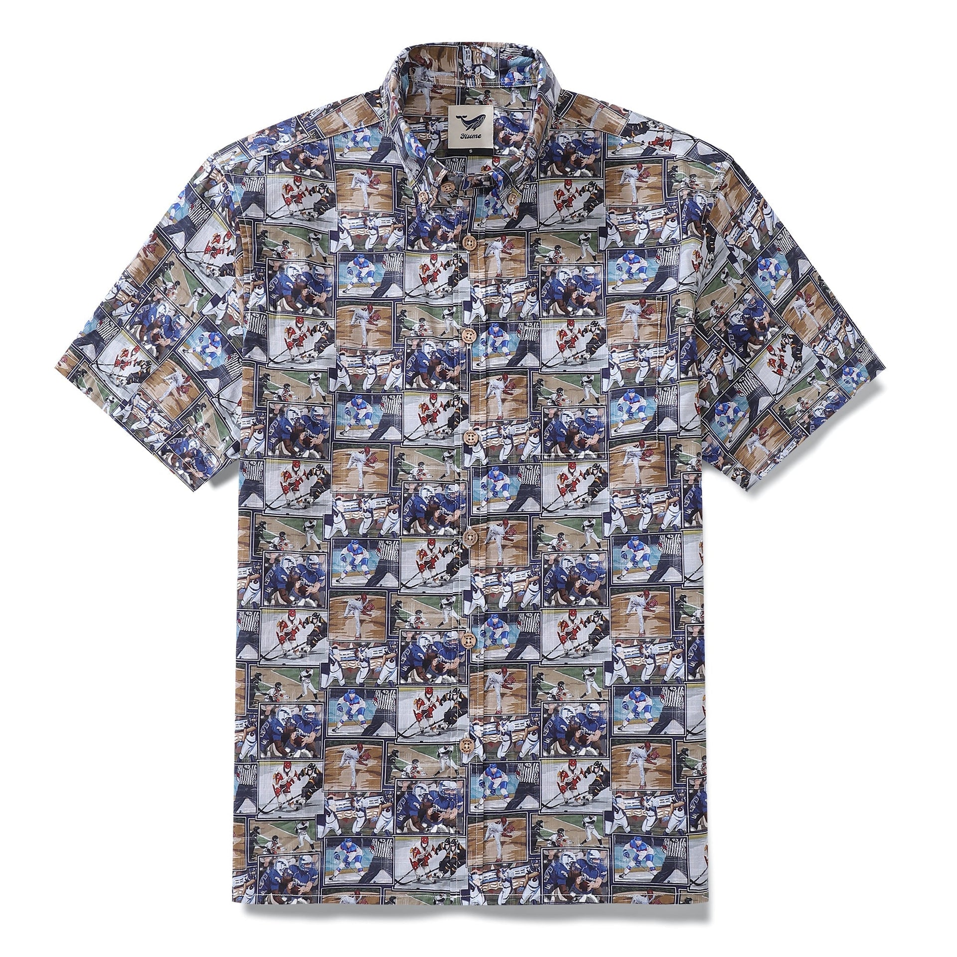 Multi-colored men's button-down shirt with sports-themed print