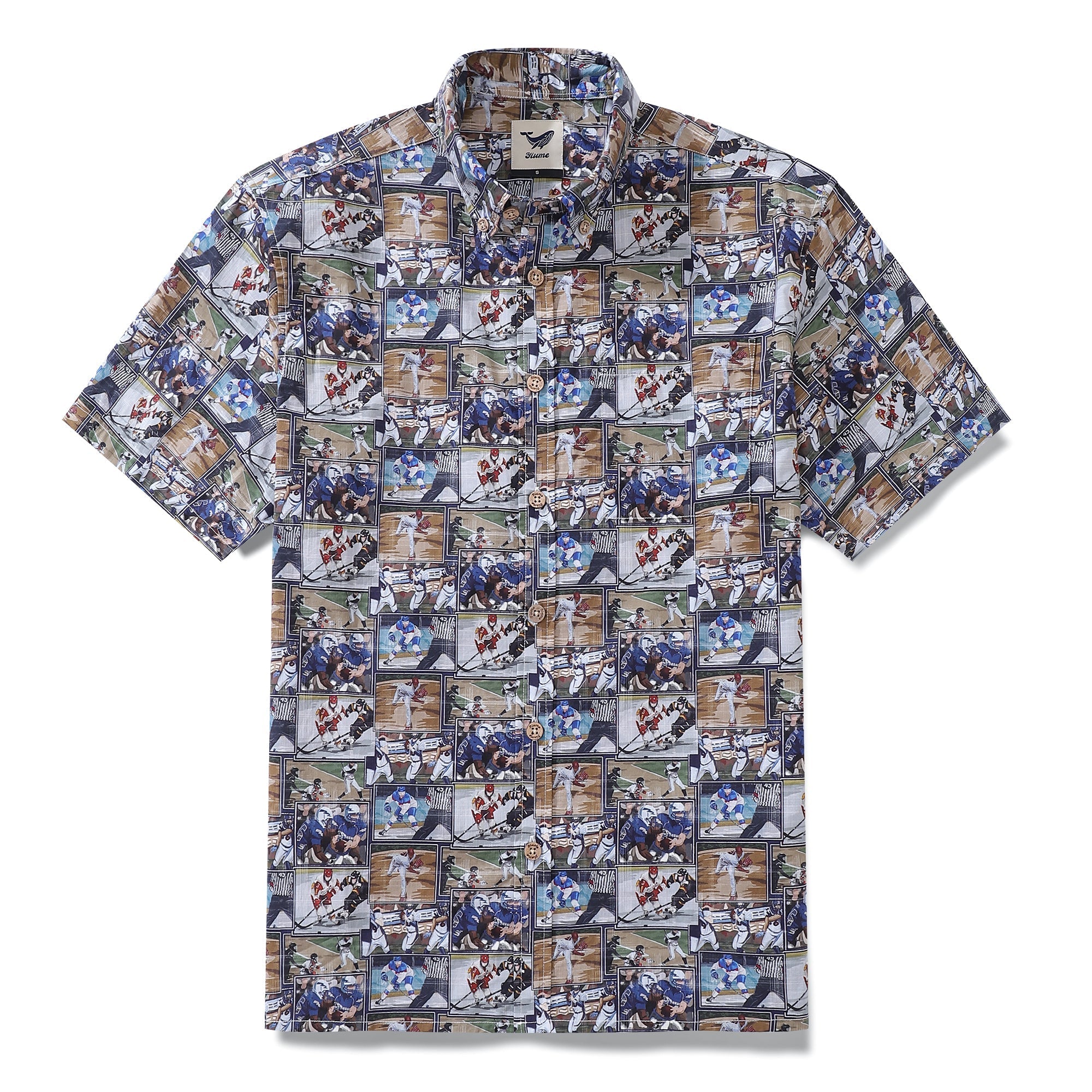 Multi-colored men's button-down shirt with sports-themed print