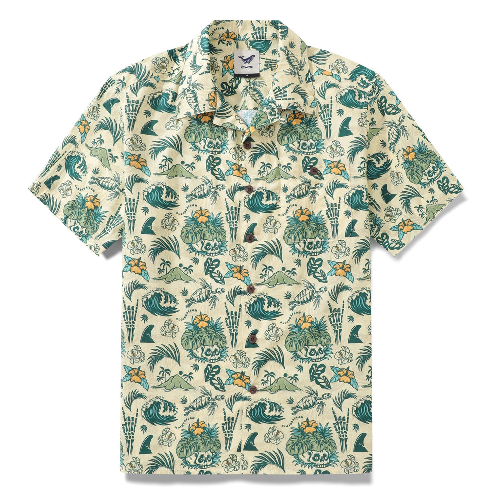 Men's tropical surf punk Hawaiian shirt with skull and turtle print.