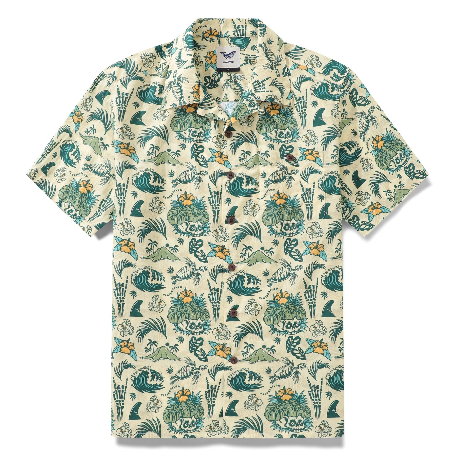 Men's tropical surf punk Hawaiian shirt with skull and turtle print.