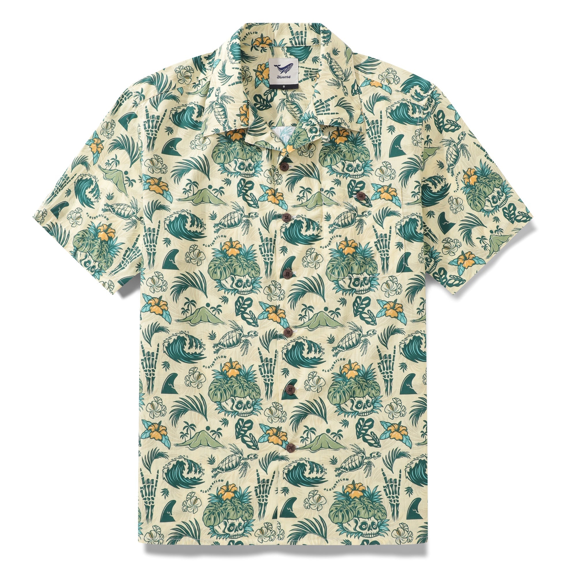 Men's tropical surf punk Hawaiian shirt with skull and turtle print.