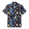 Vintage-style men's camp collar shirt with abstract jazz-themed collage print