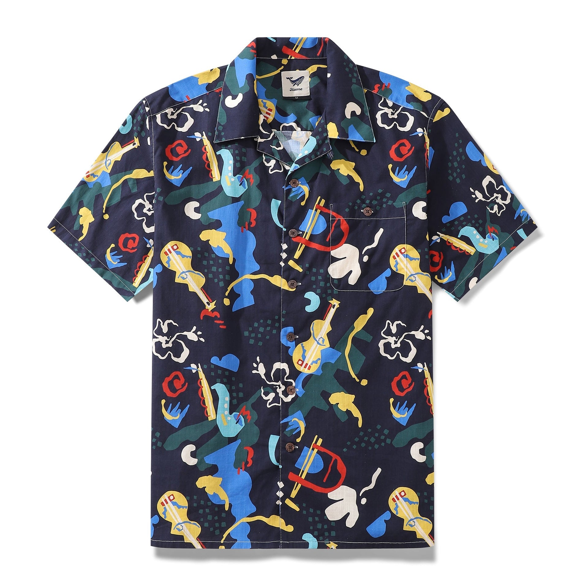 Vintage-style men's camp collar shirt with abstract jazz-themed collage print