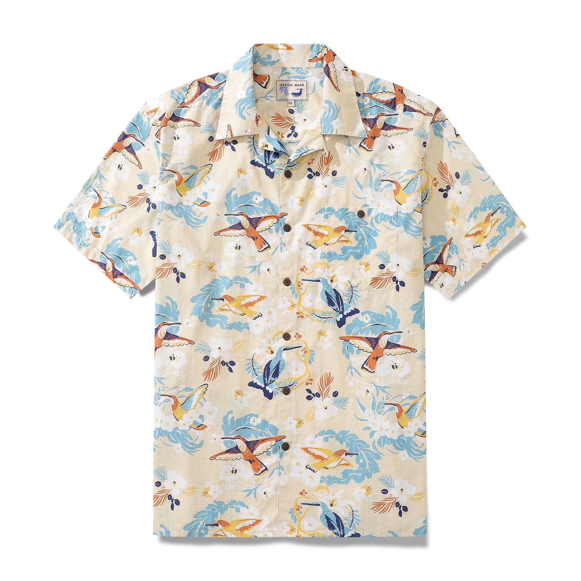 White men's Hawaiian shirt with floral and hummingbird patterns.