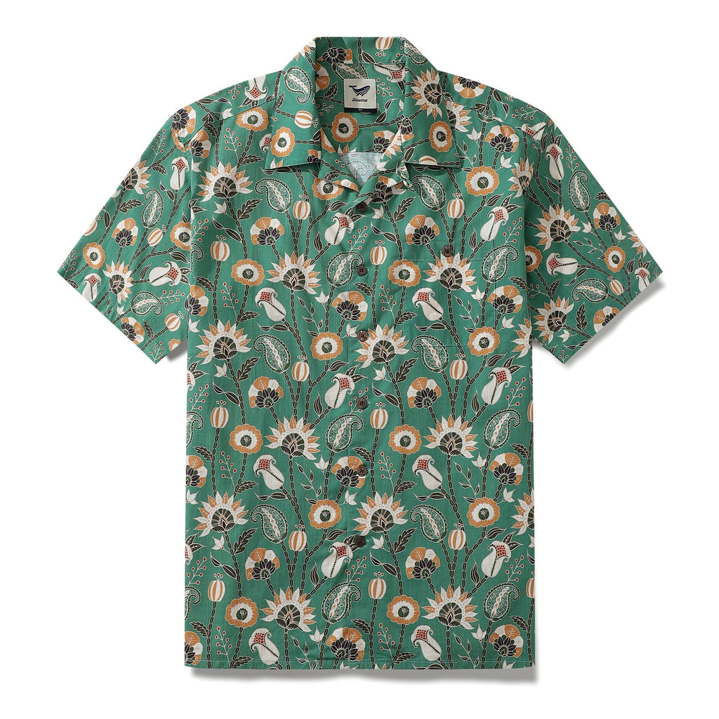Close up of Julia Madoka Oriental Jungle floral print Hawaiian shirt with camp collar in 100% cotton