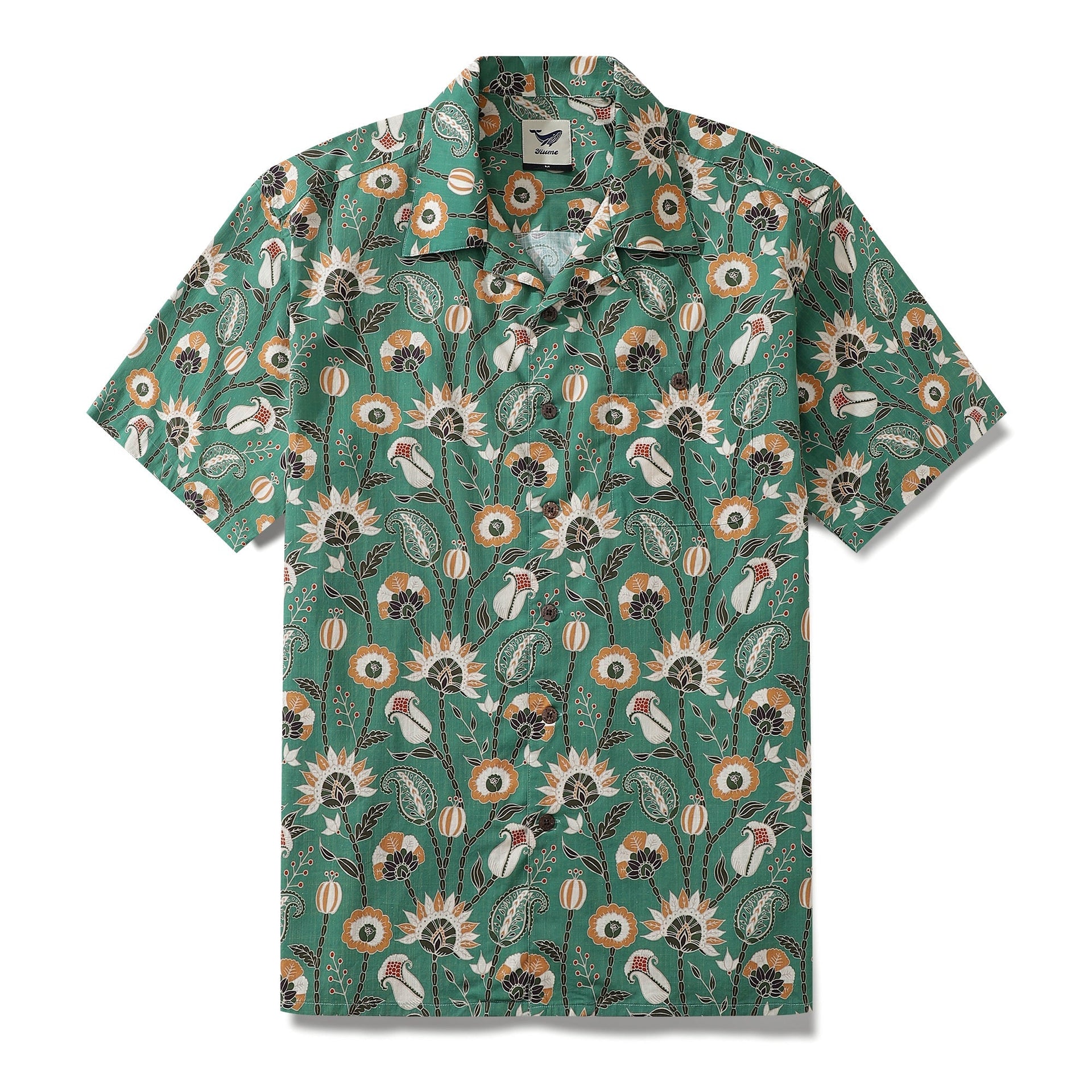 Close up of Julia Madoka Oriental Jungle floral print Hawaiian shirt with camp collar in 100% cotton