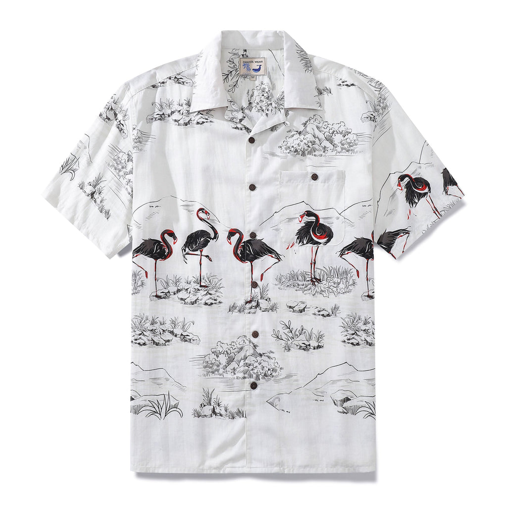1950s vintage style flamingo print shirt in red, white, and black