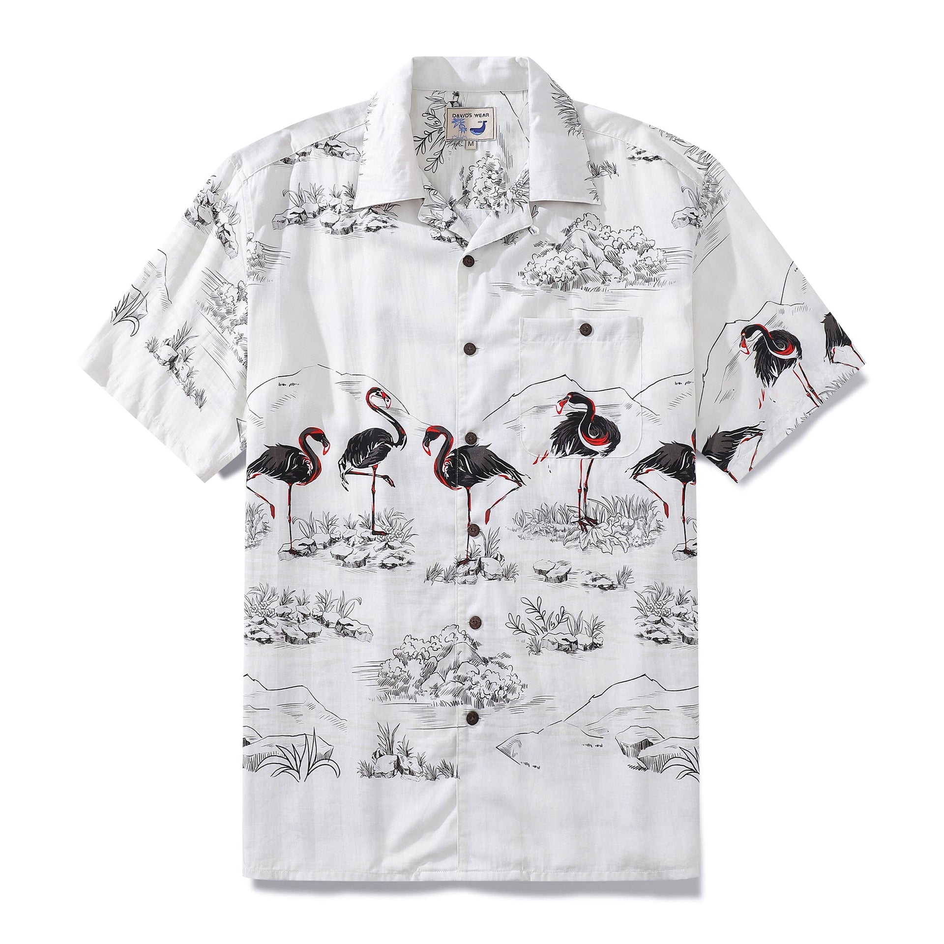 1950s vintage style flamingo print shirt in red, white, and black
