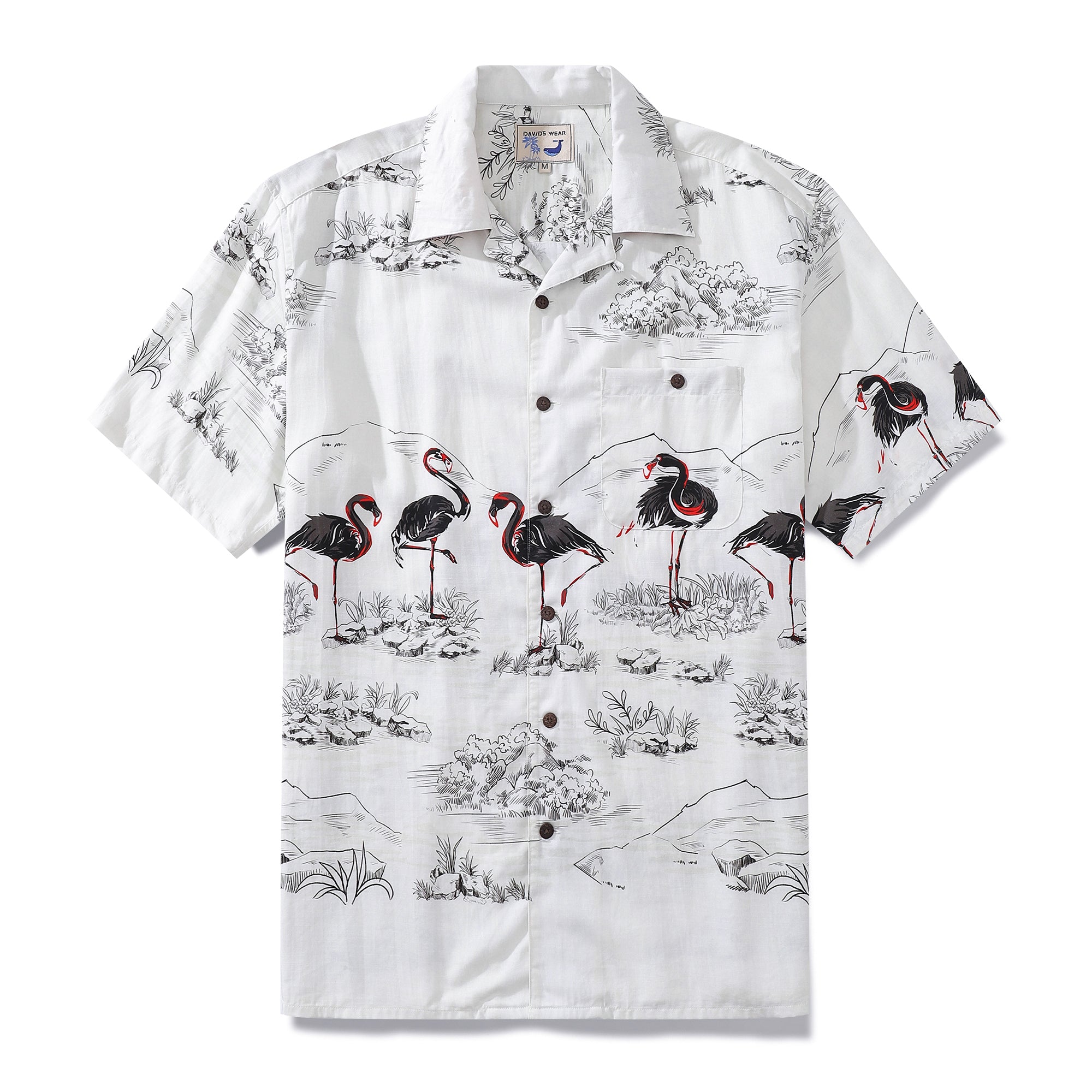 1950s vintage style flamingo print shirt in red, white, and black