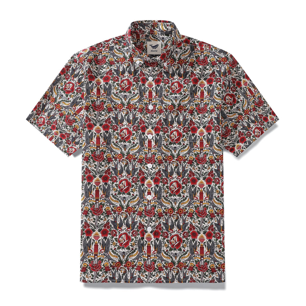 Men's Hawaiian shirt with tattoo flash designs featuring skulls and roses