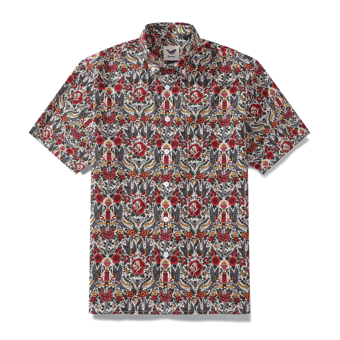 Men's Hawaiian shirt with tattoo flash designs featuring skulls and roses