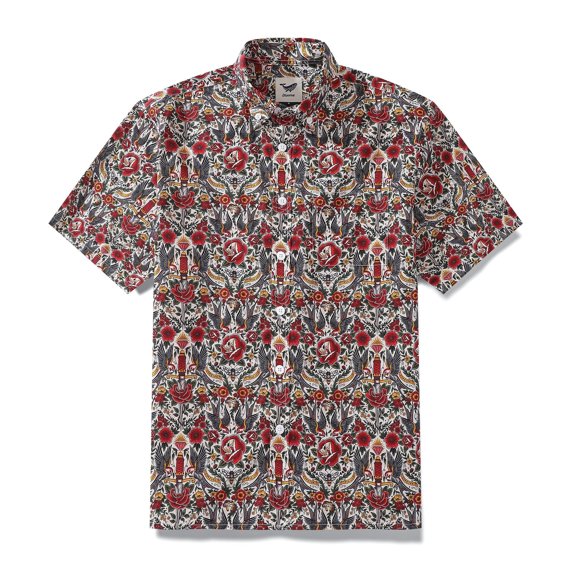 Men's Hawaiian shirt with tattoo flash designs featuring skulls and roses